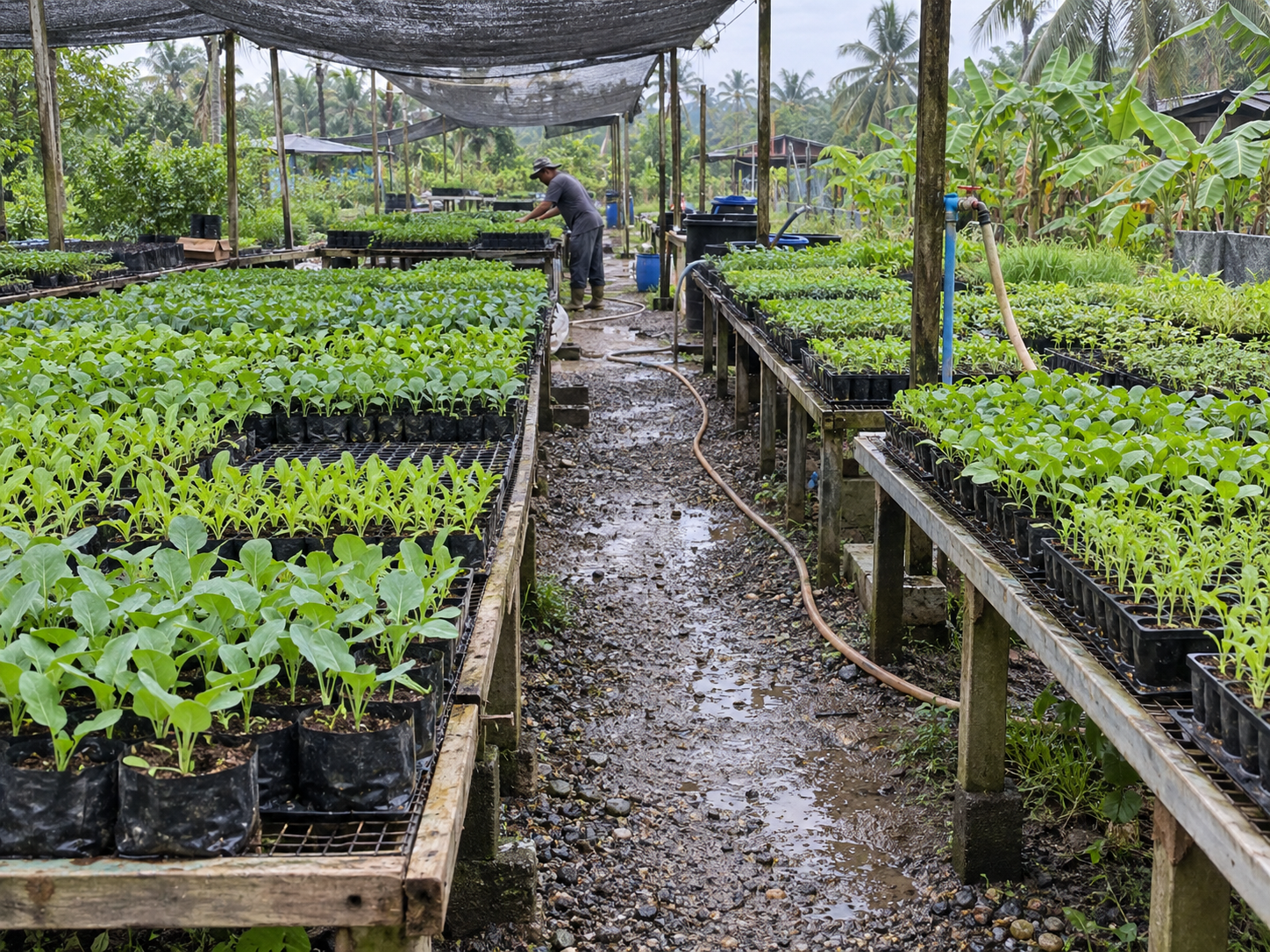 Vegetable seedlings in black polybags on benches beneath shade netting at a nursery
