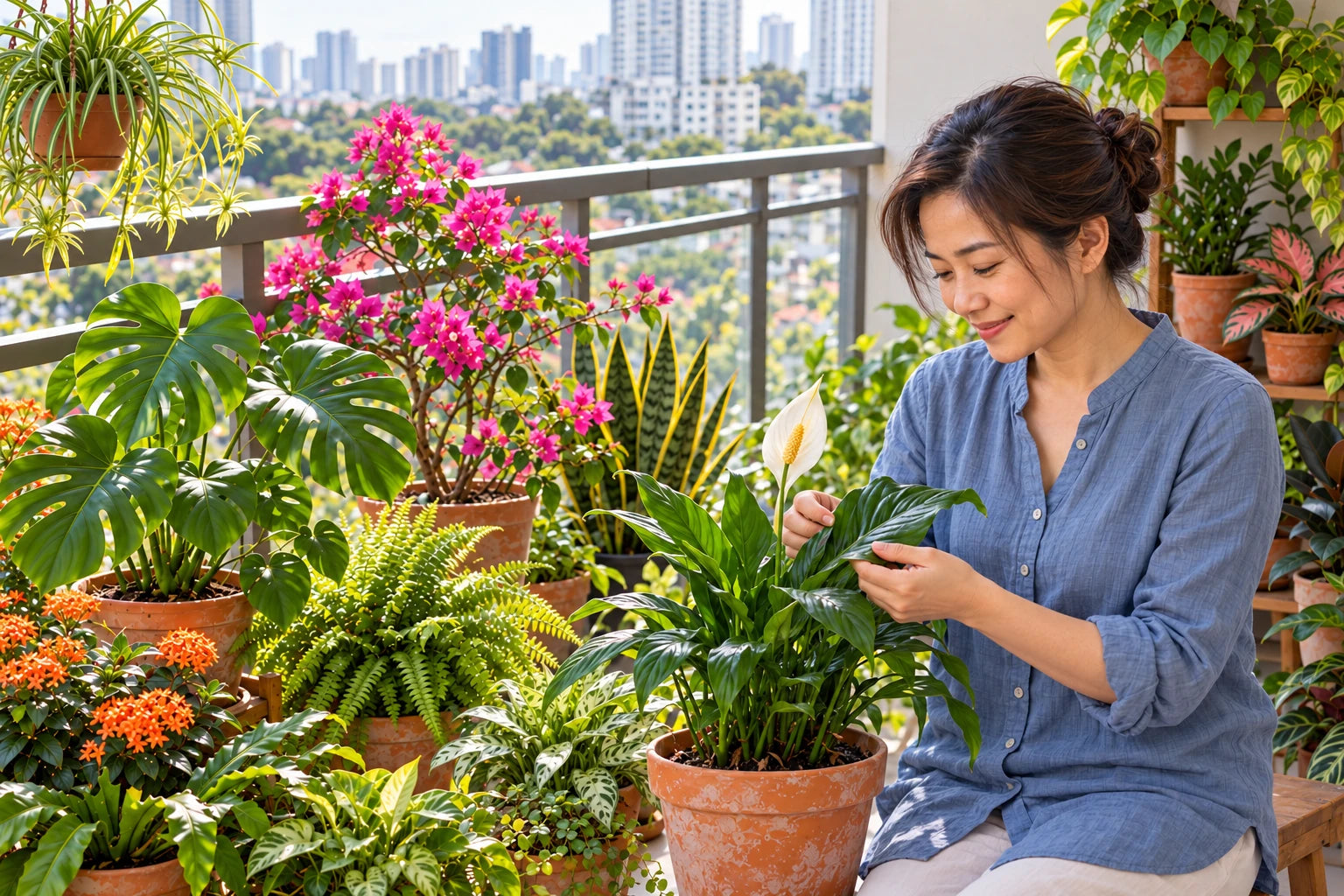 A smiling gardener tending a peace lily among houseplants and flowers on a Malaysian balcony