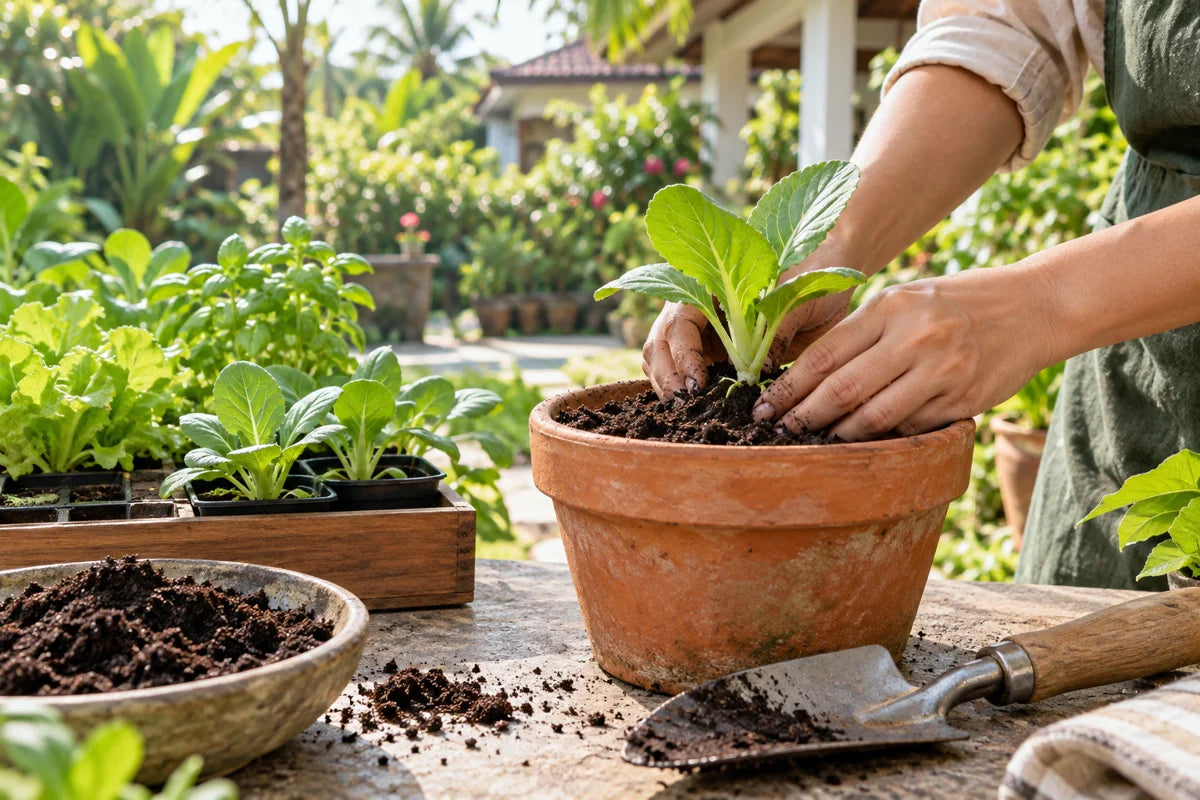 Planting a young seedling into a pot