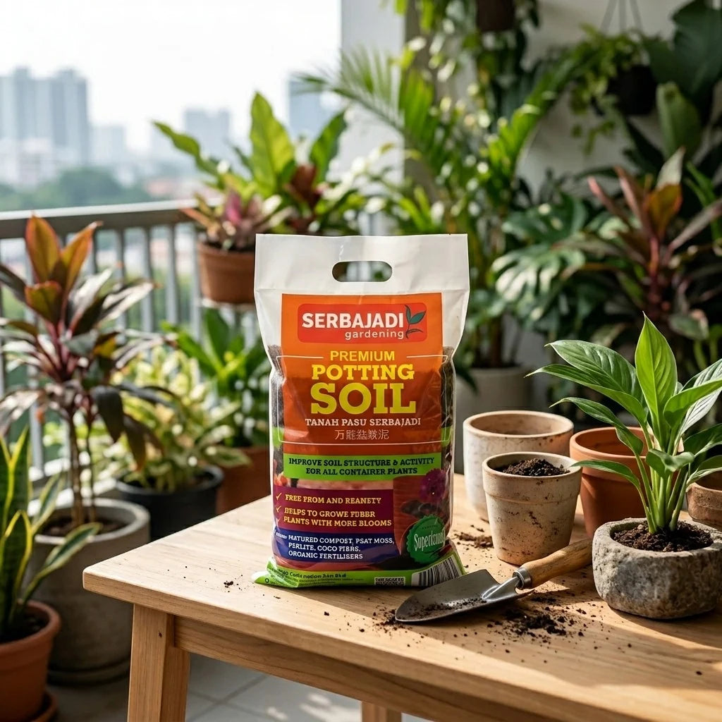 Serbajadi Potting Soil with pots and garden tools