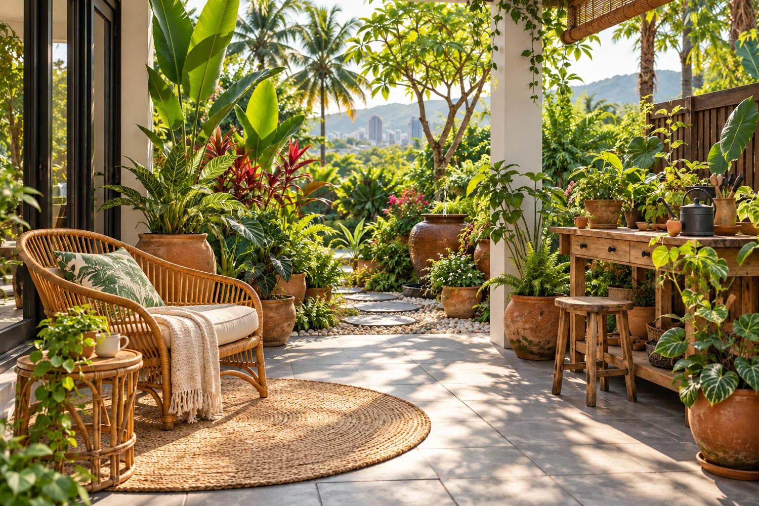A leafy garden corner with seating and plants