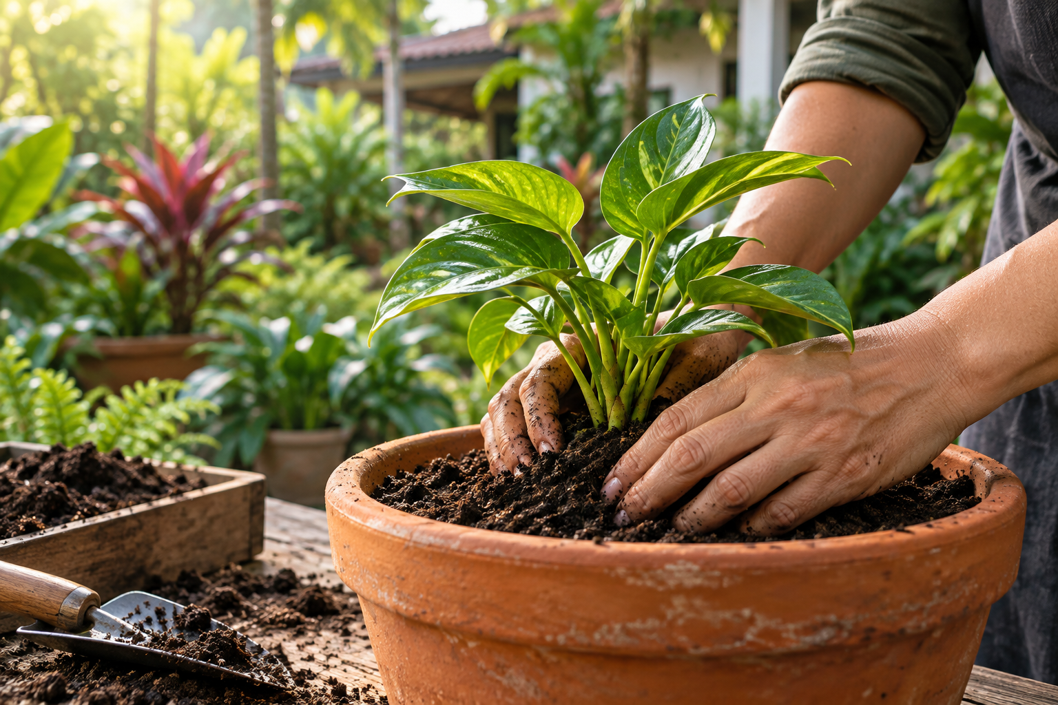 A gardener gently planting into fresh soil in a terracotta pot