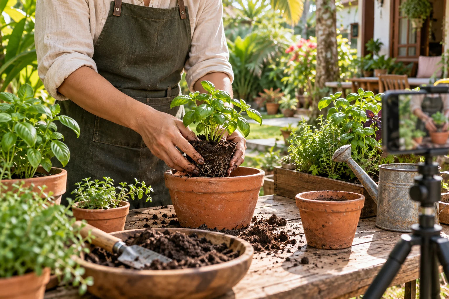 Hands demonstrating how to pot a seedling while a phone records a gardening lesson