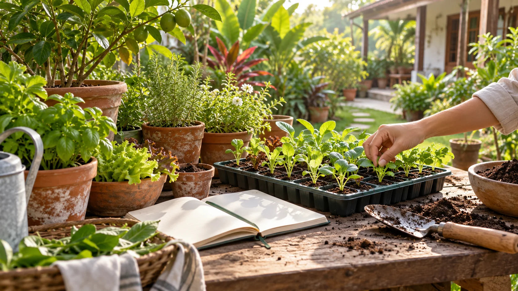 Tending young vegetable seedlings at a tropical garden potting bench