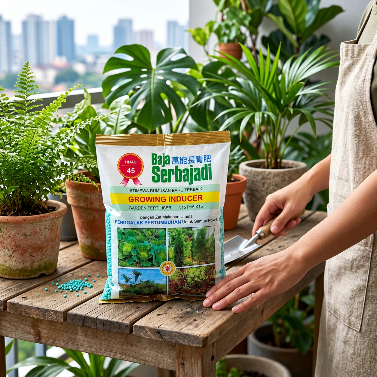 Growing Inducer plant nutrition beside healthy balcony plants