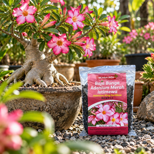 Serbajadi Adenium King 19 beside a flowering adenium.