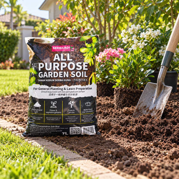 Serbajadi All Purpose Garden Soil beside a garden bed.