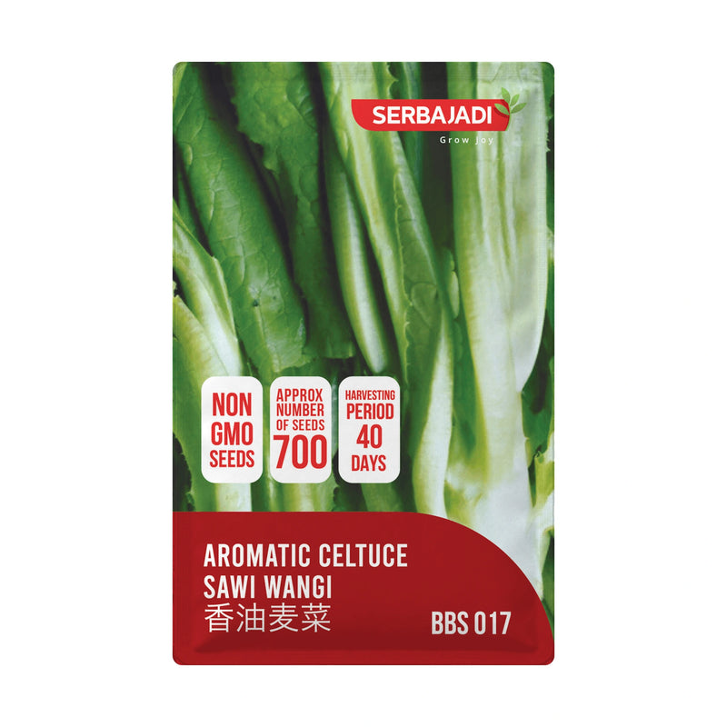 Serbajadi Aromatic Celtuce Seeds VS017 seed packet on a white background.