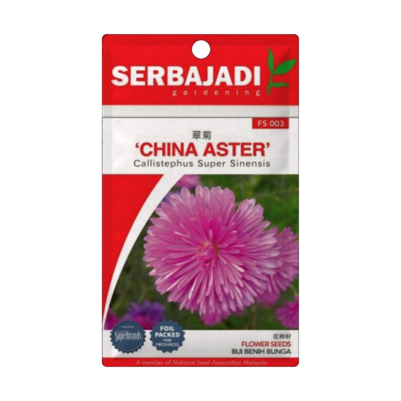 Serbajadi Aster Seeds FS003 seed packet on a white background.