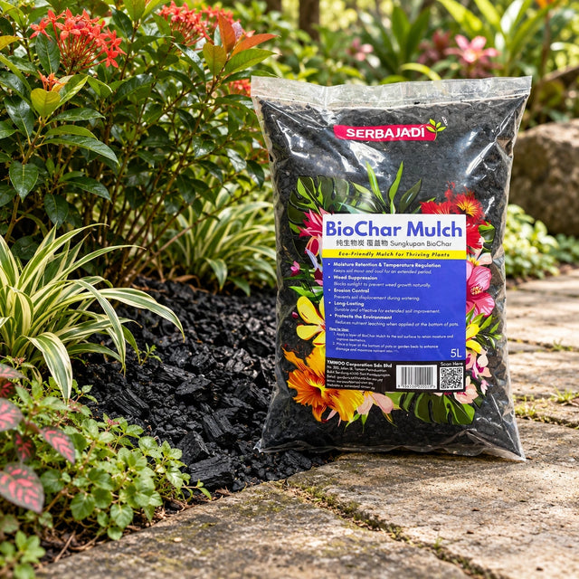 Serbajadi Biochar Mulch beside plants in a garden bed.