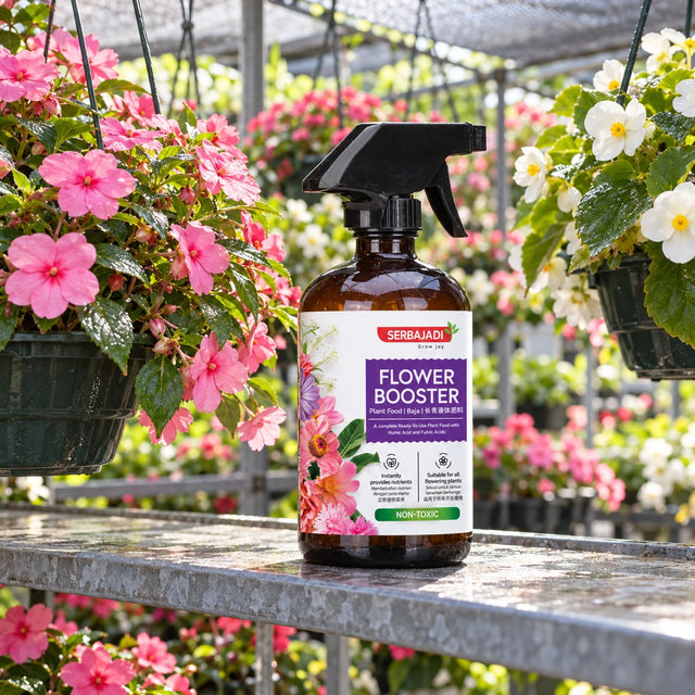 Serbajadi Flower Booster beside flowering plants.