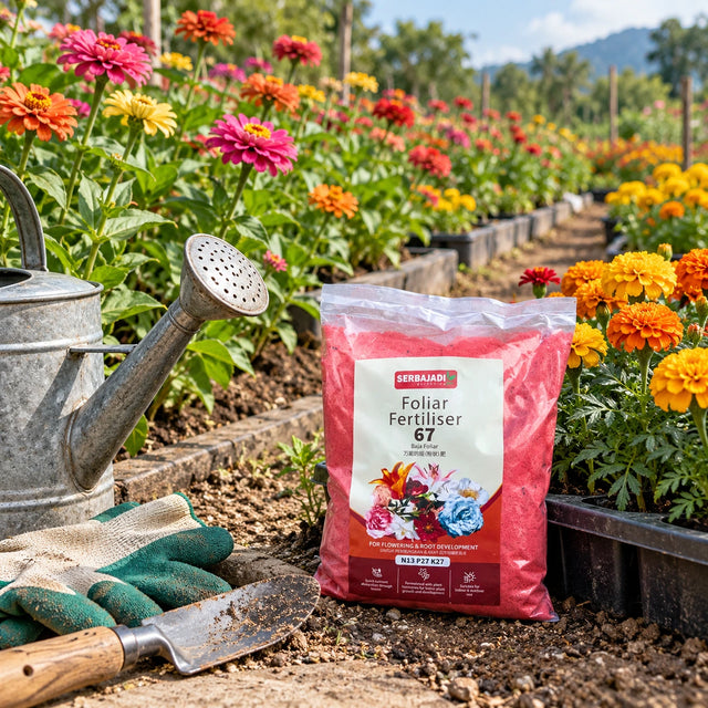 Serbajadi Foliar Flowering Inducer 67 beside flowering plants in a nursery.