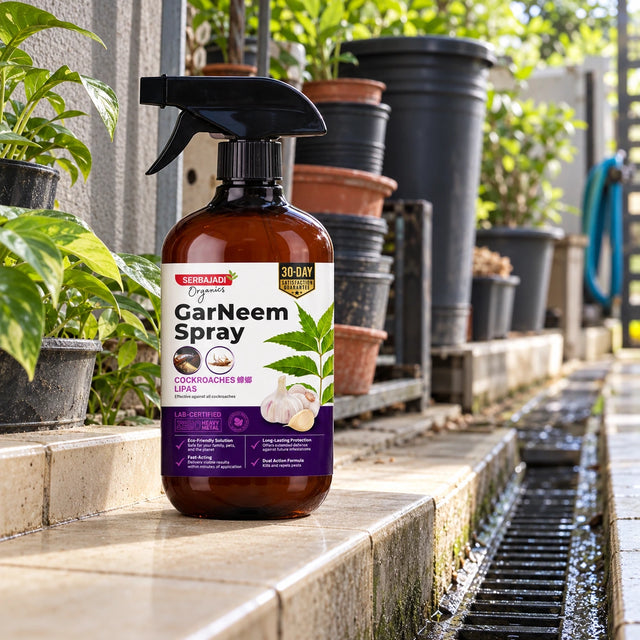 Serbajadi GarNeem Cockroach on a garden bench beside pots.