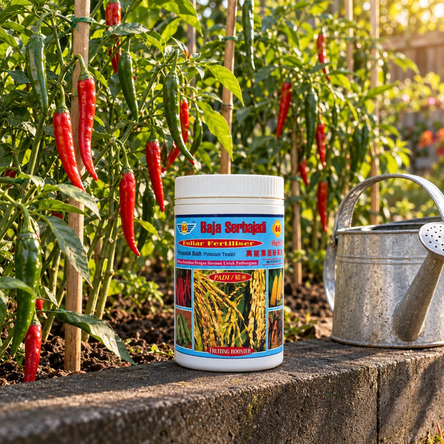 Serbajadi High K Fruiting Booster 66 beside chilli plants.