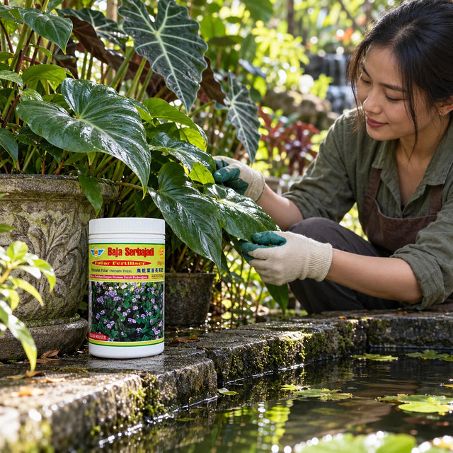 Serbajadi High N Foliage Booster 57 beside a gardener tending foliage plants.