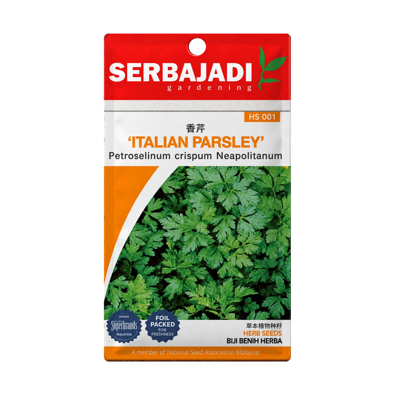 Serbajadi Italian Parsley Seeds HS001 seed packet on a white background.