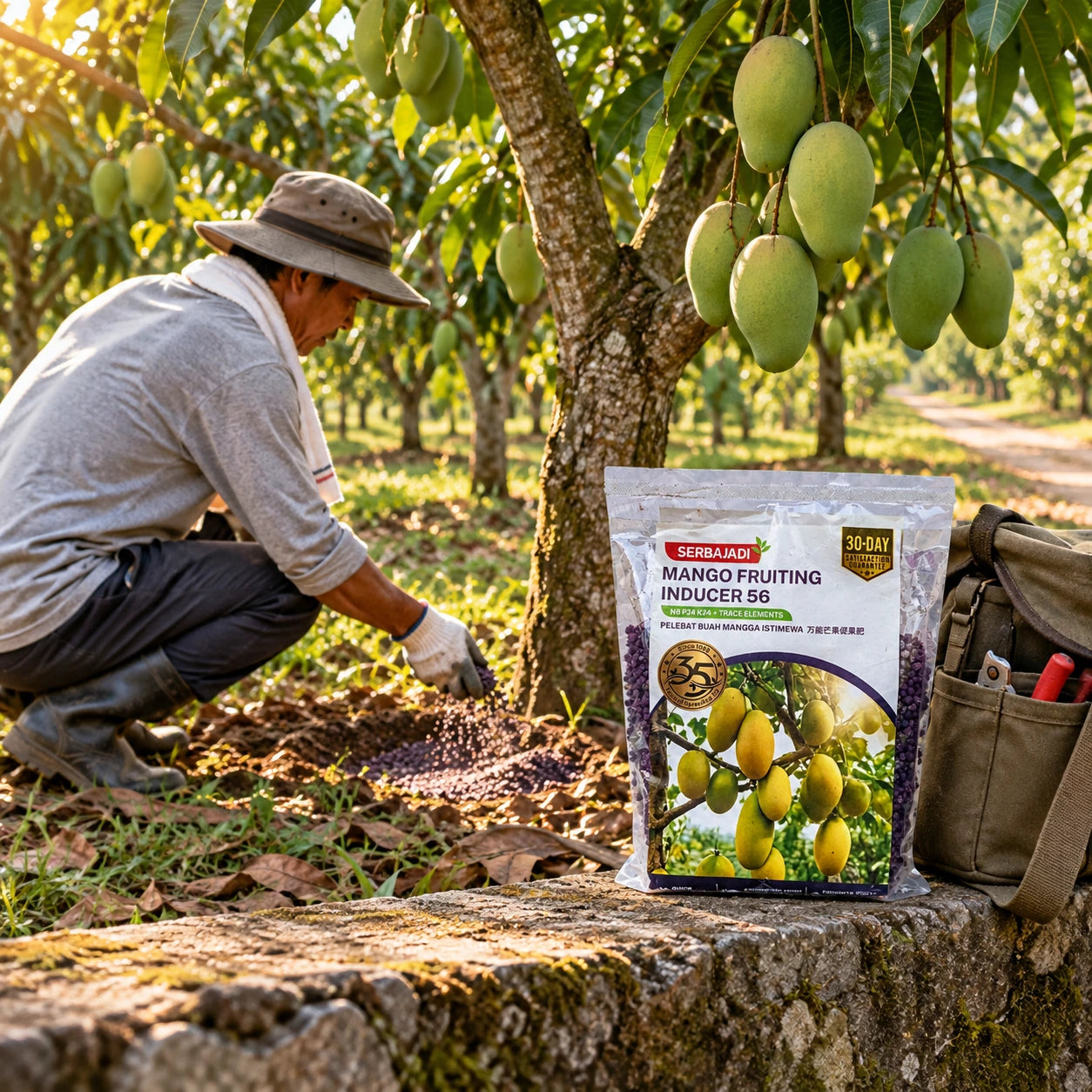 A gardener caring for a mango tree bearing fruit