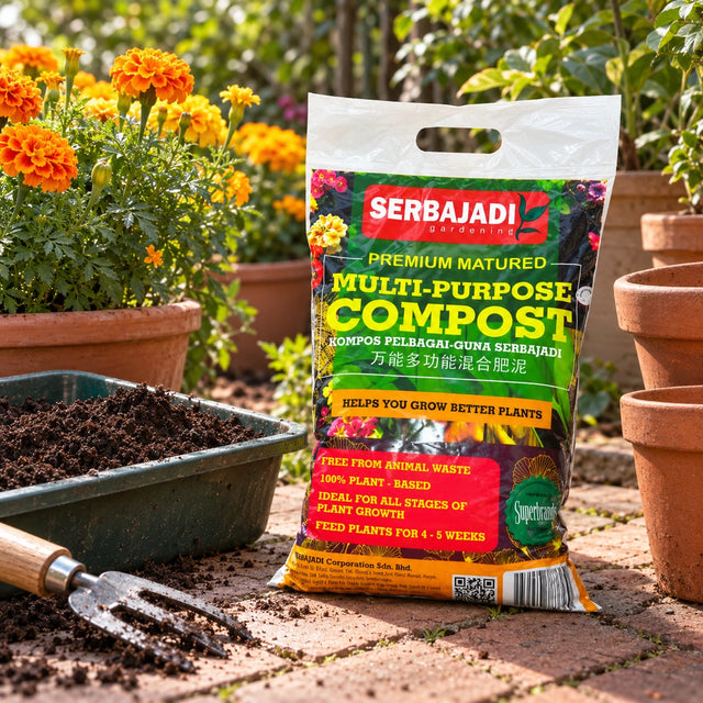 Serbajadi Multi Purpose Compost beside flowering plants and growing medium.
