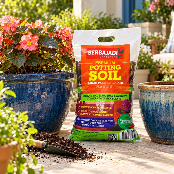 Serbajadi Potting Soil beside potted flowers and growing medium.
