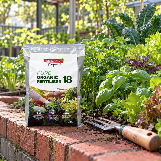 Serbajadi Pure Organic Fertiliser 18 beside a vegetable bed and hand tools.