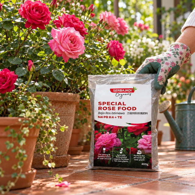Serbajadi Rose Food Special beside flowering roses in pots.