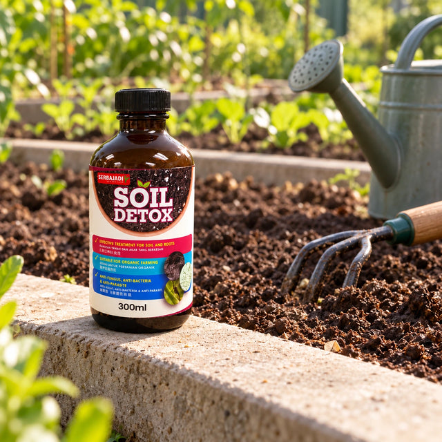 Serbajadi Soil Detox 300ml on a garden-bed edge beside soil, a hand fork and watering can.
