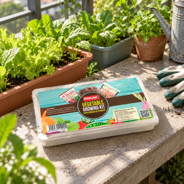 Serbajadi Vegetable Growing Kit on a potting table beside vegetables and hand tools.
