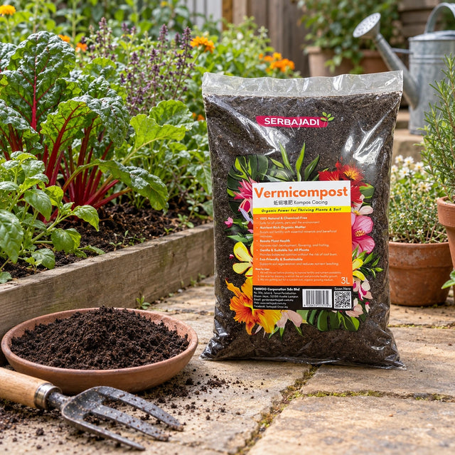 Serbajadi Vermicompost beside a garden bed and a bowl of growing medium.