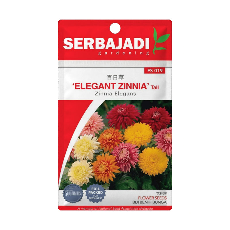 Serbajadi Zinnia Elegans Seeds FS019 seed packet on a white background.
